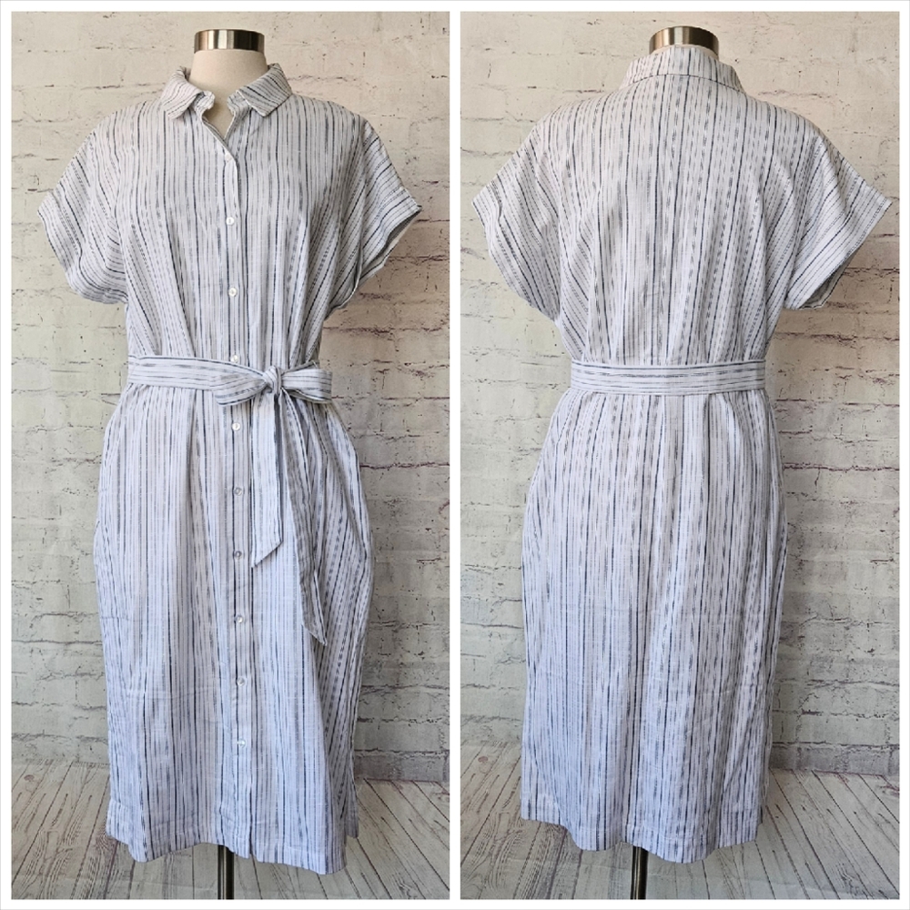 NWOT Ann Taylor Factory Button Front Cotton White Blue Stripe Shirtdress Large - Picture 3 of 11